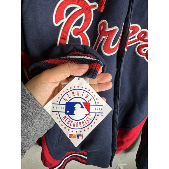 Atlanta Braves Varsity Hooded  Bomber Jacket XL Navy Red MLB Genuine NWT - Picture 4 of 14